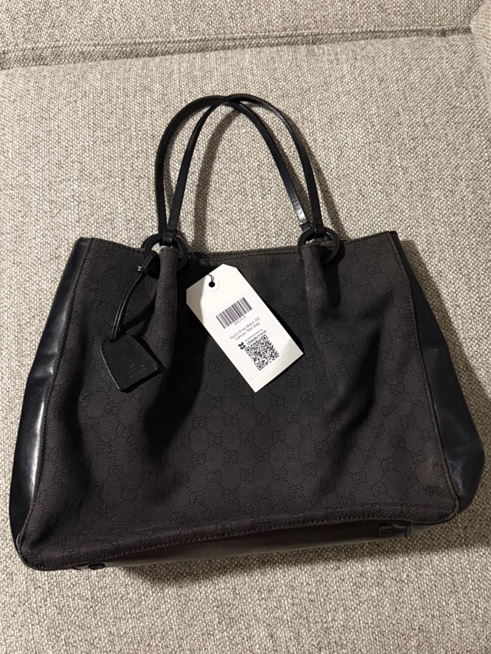 Gucci Ring Black GG Monogram Tote with Leather Trim